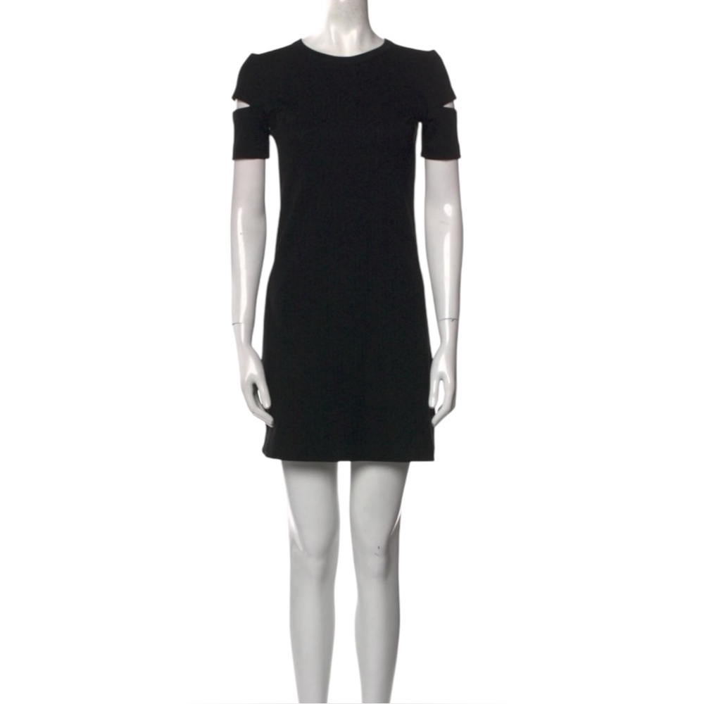 Helmut Lang Black Ribbed Crewneck Split Sleeve Mini Dress with Stretch Womens XS